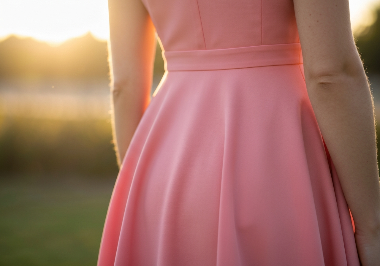Kobieta w łososiowej sukience stoi na zewnątrz w naturalnym świetle, tło rozmyte, ciepłe światło.