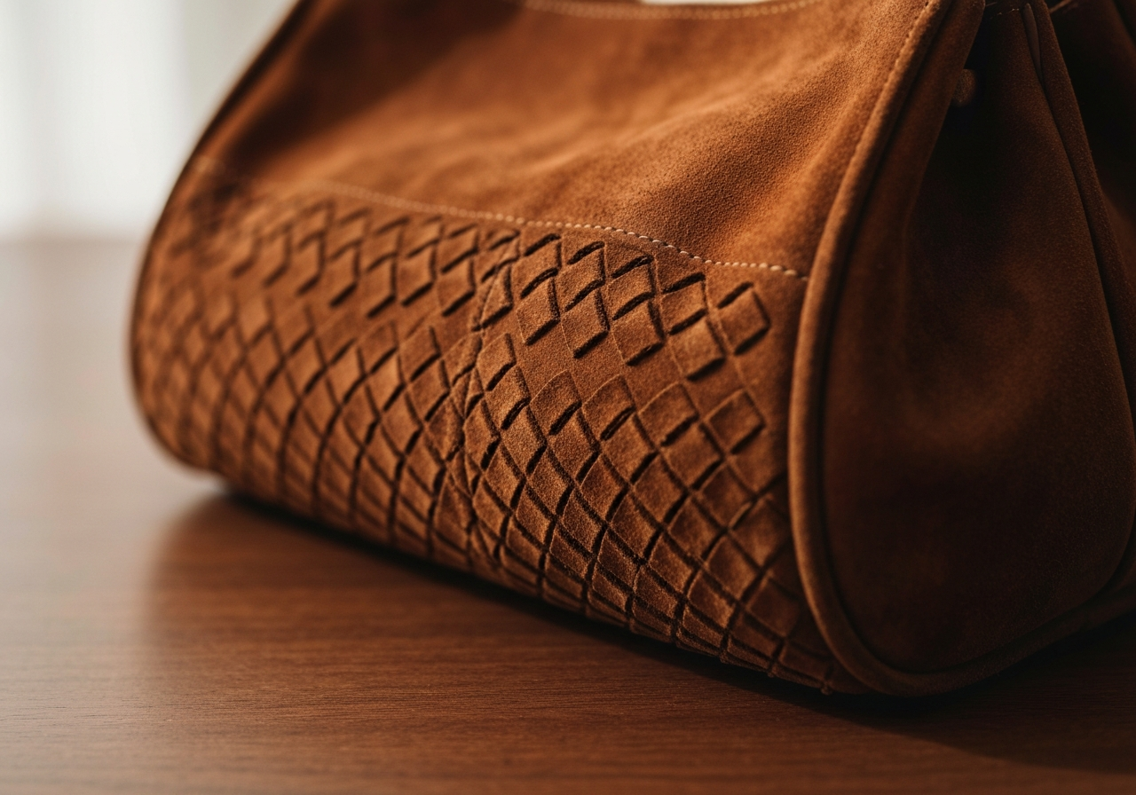 Zbliżenie zamszowej torby na drewnianym tle z naturalnym światłem i rozmytym tłem.