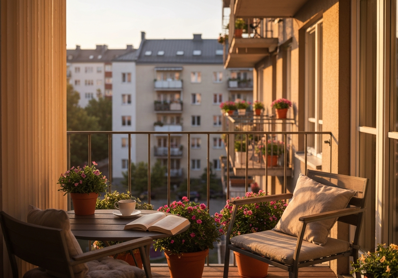 Balkon miejskiego mieszkania z roślinami, stolikiem z kawą i książką w ciepłym świetle zachodu słońca