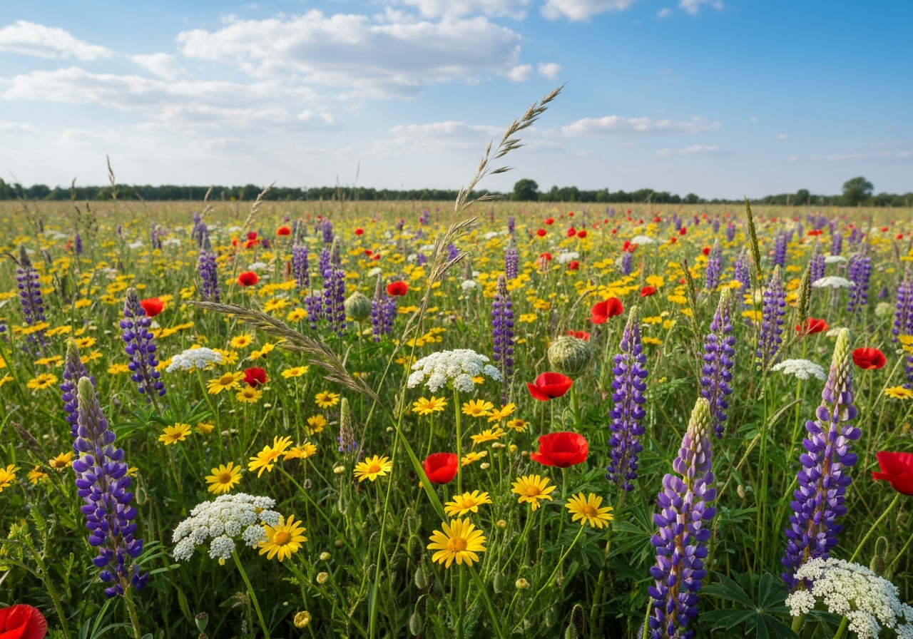 Rozległe pole dzikich kwiatów z makami, rumianami i łubinami pod niebieskim niebem w naturalnym świetle