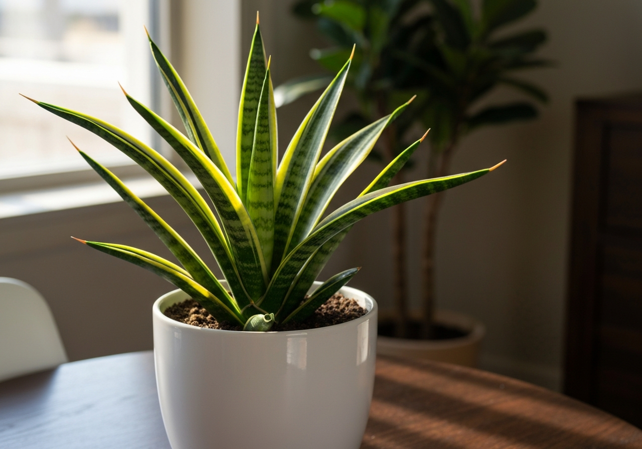 Zbliżenie zdrowej rośliny sansewierii z zielonymi liśćmi i żółtymi krawędziami w białej doniczce na stole