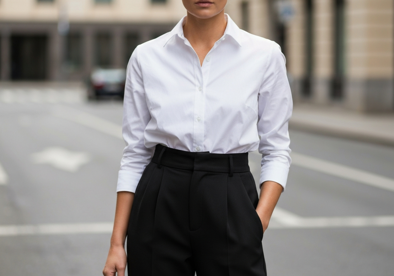 Kobieta w eleganckim czarno-białym ubraniu na rozmytej miejskiej ulicy w naturalnym świetle dziennym.